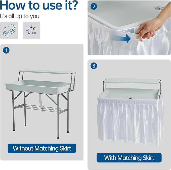Outdoor Ice Cooler Folding Table, Portable Cooler Table with Removable Matching Skirt, Folding Ice Chest Table with Place Holder White