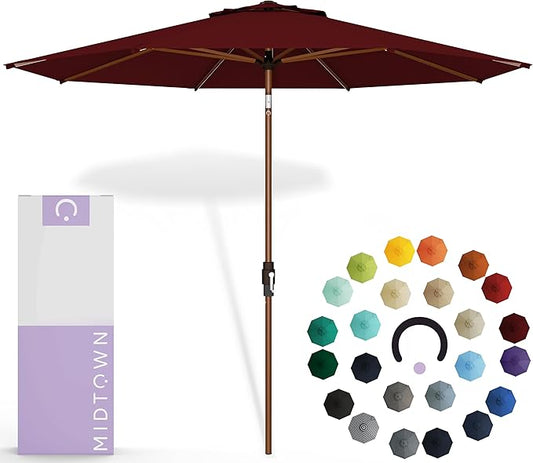 Midtown Umbrellas The Wooden 2-9 Feet Patio Umbrella in Sunbrella Burgundy Acrylic Fabric - Auto-Tilt Aluminum Frame For Backyard, Deck, Garden, Pool - White Pole