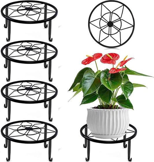 4 Pack Black Metal Potted Plant Stand for Indoor and Outdoor Plants 9.1 inches Heavy Duty Flower Pot Planter Holder, Metal Rustproof Iron Garden Container Round Supports Rack for Planter Pumpkin Stand