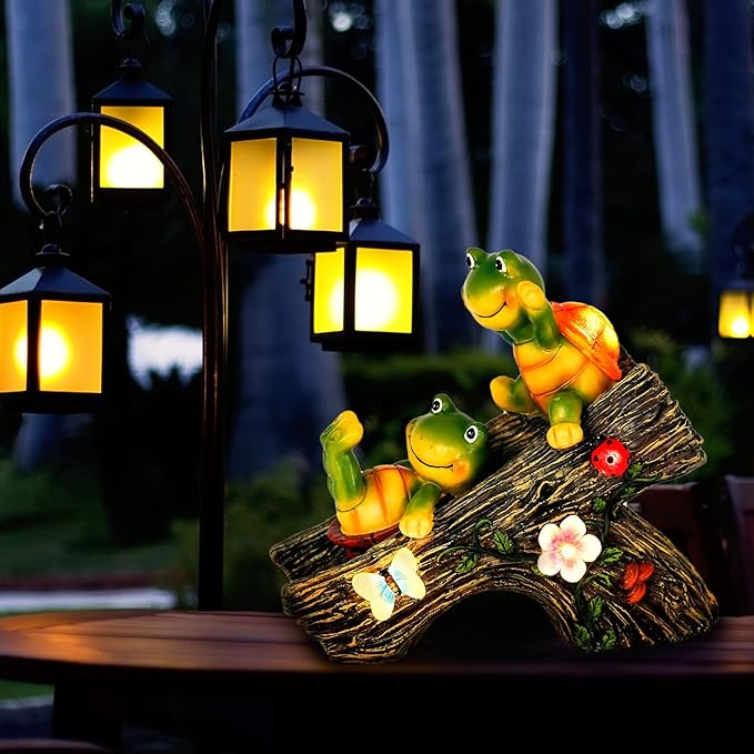 Garden Turtle Figurines Outdoor Decorations, Solar Statue Sweet Frog Face Turtles Decor with 4 LED Lights, Garden Resin Statue for Patio Lawn Porch Yard,Gifts for Birthday Easter Housewarming