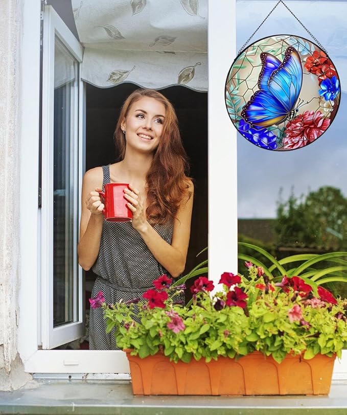 12 Inch Stained Glass Window Hanging,Large Butterfly Suncatcher, Stained Glass Suncatcher, Butterfly Home Wall Art Decor for Indoor Window, Hand Multicolor Panel Sun Catcher