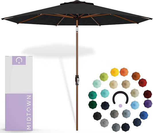Midtown Umbrellas Sunbrella Umbrella Large Patio Umbrella 2-10 Feet Spectrum Carbon Fabric, Auto-Tilt Aluminum Frame Backyard Umbrella, Deck Umbrella, Garden Umbrella & Porch Umbrella - Wooden Pole