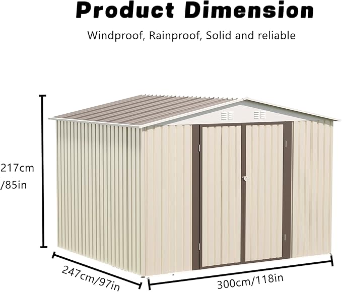 10x8 FT Outdoor Storage Shed,Metal Aluminum Tool Sheds,Heavy-Duty Sheds with Sloped Roof, Air Vent and Hinge Doors,Garden Shed Bike Shed for Backyard Patio Lawn,Cream White