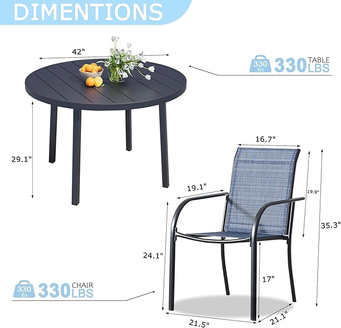 5 Pieces Round Dining Table Set for 4, Patio Dining Set Includes 4 Blue Stackable Patio Chairs and 1 Black Round Table, Patio Furniture Setss with Sling Support for Outside, Garden