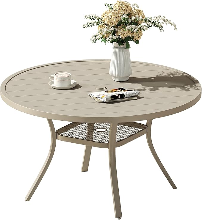 VICLLAX 47.2" Outdoor Round Patio Dining Table for 4-6, All Weather Metal Dining Table with Umbrella Hole for Deck Lawn Garden Backyard, Sandshell