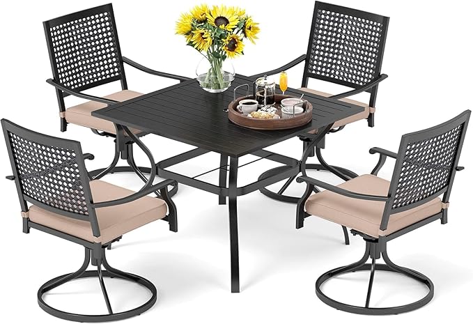PHI VILLA 5 Pieces Outdoor Dining Set for 4, 37" Square Metal Wrought Iron Table with Umbrella Hole & Swivel Steel Chairs with Cushions, Modern Furniture Set for Patio, Deck, Porch, Yard
