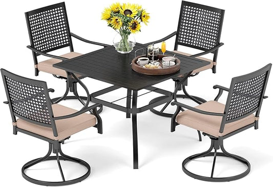 PHI VILLA 5 Pieces Outdoor Dining Set for 4, 37" Square Metal Wrought Iron Table with Umbrella Hole & Swivel Steel Chairs with Cushions, Modern Furniture Set for Patio, Deck, Porch, Yard