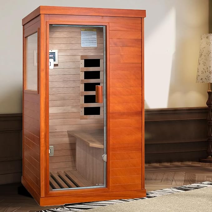 Far Infrared Sauna for Home Dry Sauna for Home Wood Sauna Room 1 Person Infrared Sauna Indoor One Person Sauna Low EMF Okoume Wood Sauna with Control Panel, Speakers and Tempered Glass Door