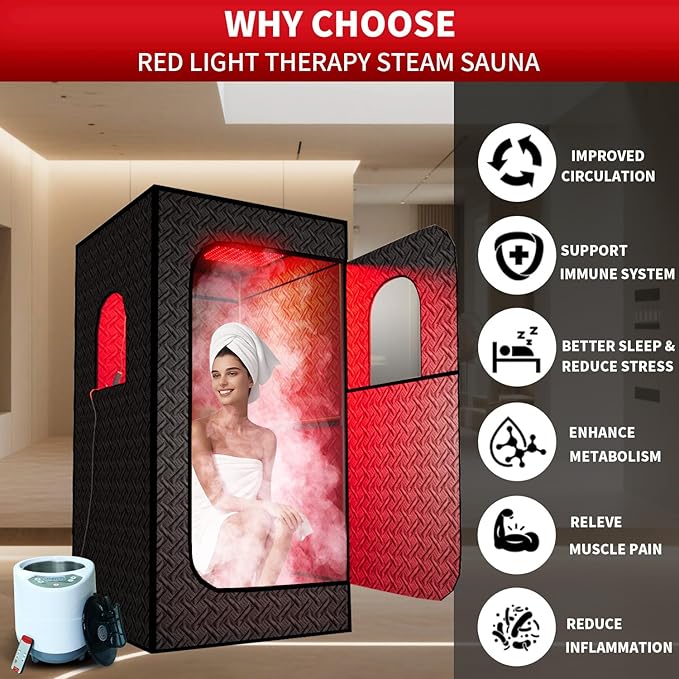 Portable Infrared Sauna for Home, Indoor Sauna Infrared with Red Light Therapy, Includes 660 & 850nm Red Light Therapy Lamp, 3L Steamer, Upgraded Chair and Mat, 72'x 36'x 36', Black