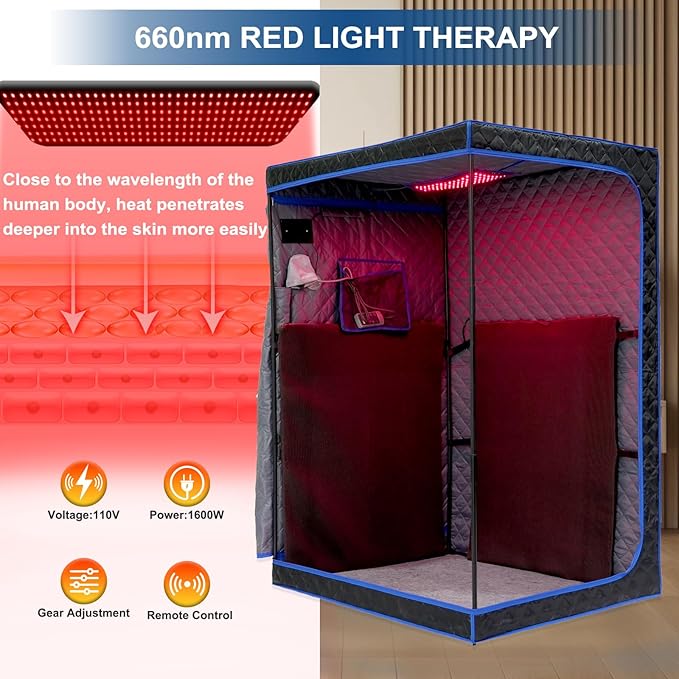 Smartmak Portable Infrared Sauna,1 or 2 Person Oversize Infrared Sauna Box with 660nm Red Light Therapy, Full Body Sauna Tent for Home, Folding Chair (Blue-2 Person)