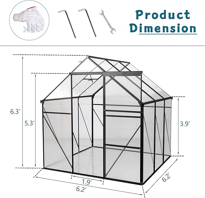 6x6 FT Polycarbonate Walk-in Greenhouse,All Season Garden Green Houses,Aluminum Hot House w/ Raised Base,Adjustable Vent Roof & Sliding Door for Outdoor Backyard,Easy to Install,Black