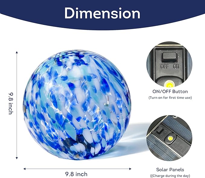 Lily's Home Gazing Ball - 10" Glass Globe with Solar Powered Lights - Outdoor Solar Lights for Yard & Patio - Garden Decor - Automatic On/Off Photosensitive Switch - Battery Included