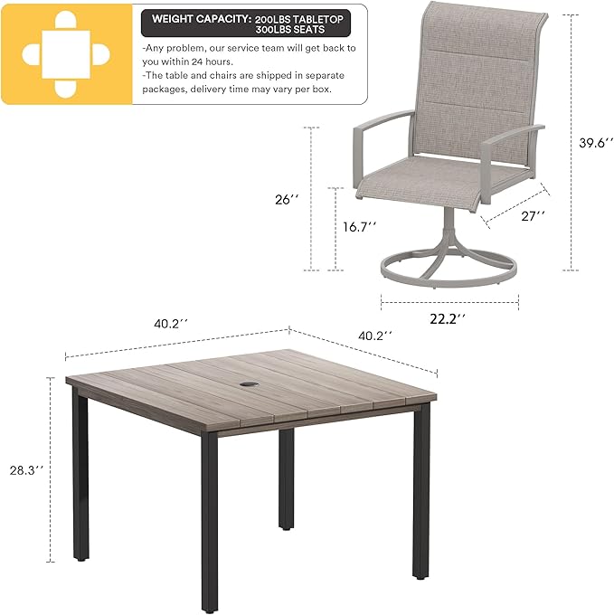 VICLLAX 5 Pieces Patio Dining Set, 4 Seats Outdoor Furniture Set Includes 40.2" Square Outdoor Dining Table and 4 Swivel Patio Chairs, Grey Wood Grain Tabletop and Sandshell Fabric