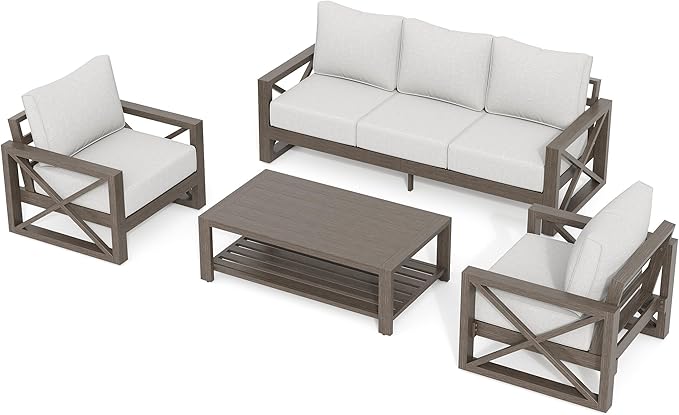 UDPATIO 4 Piece Faux Wood Aluminum Patio Furniture Set Modern Outdoor Furniture Patio Conversation Sets with Coffee Table for Balcony, Backyard, 600D Waterproof Cover Included, Light Grey