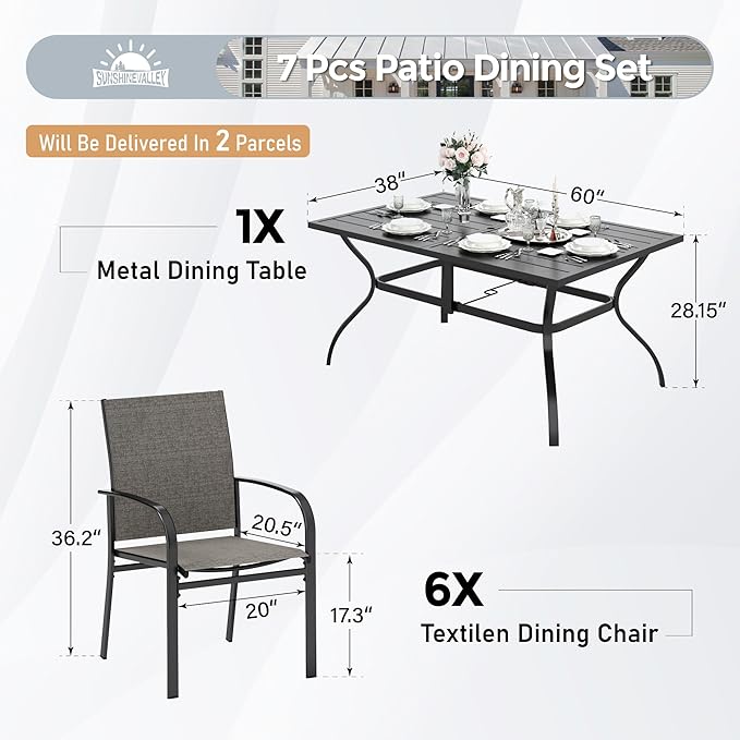 7 Piece Patio Dining Set for 6, Rectangular Metal Table with Umbrella Hole, 6 Brown Dining Chairs, Outdoor Table and Chairs Set for Lawn Backyard and Deck