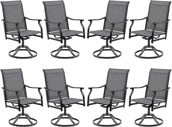 Patio Swivel Chairs Set of 8, Outdoor Dining Chairs with Textilene, Swivel & Rocker Metal Outdoor Patio Dining Chair All-Weather for Backyard, Grey Fabric with Black Frame