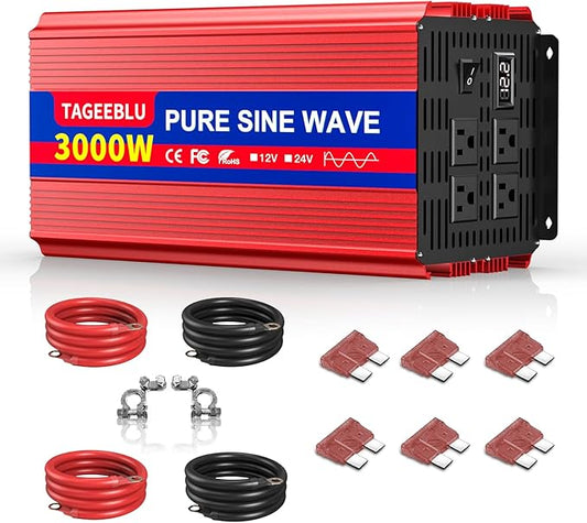 3000W Pure Sine Wave Inverter, 12V DC to 110V/120V AC Power Inverter for RV、Off Grid with 2 AC outlets and LCD Display