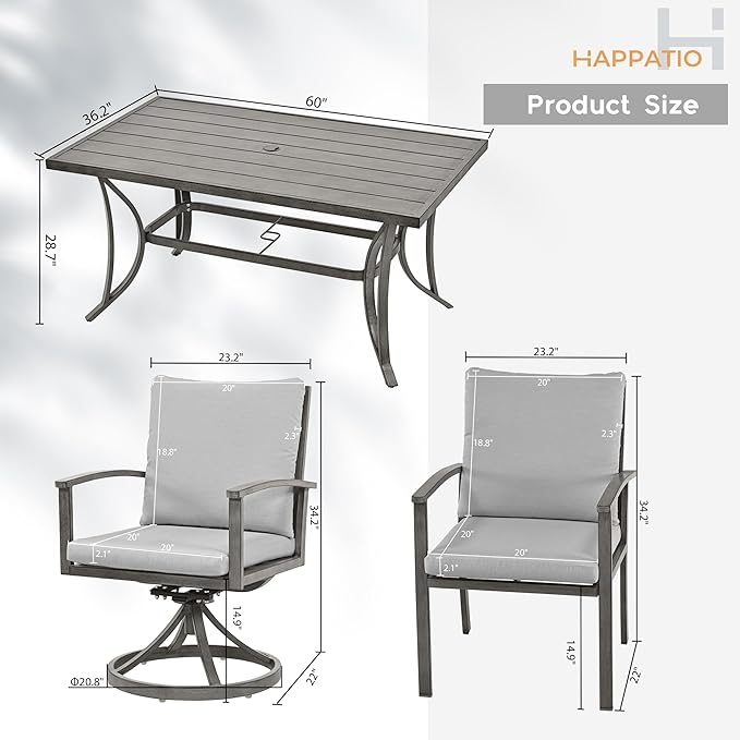 HAPPATIO 7-Piece Outdoor Dining Set - All Aluminum Patio Dining Set for 6 Includes 1 Rectangular Table, 4 Dining Chairs, and 2 Swivel Chairs with Cushions for Lawn, Garden