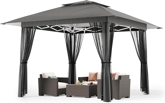 Bealife 13x13 Pop Up Gazebo Tent with Mosquito Netting, Outoor Canopy Tent with 4 Sandbags, 8 Stakes, 4 Ropes, Roller Bag, Pop Up Canopy for Lawn Backyard Garden Deck (Grey, 13x13)