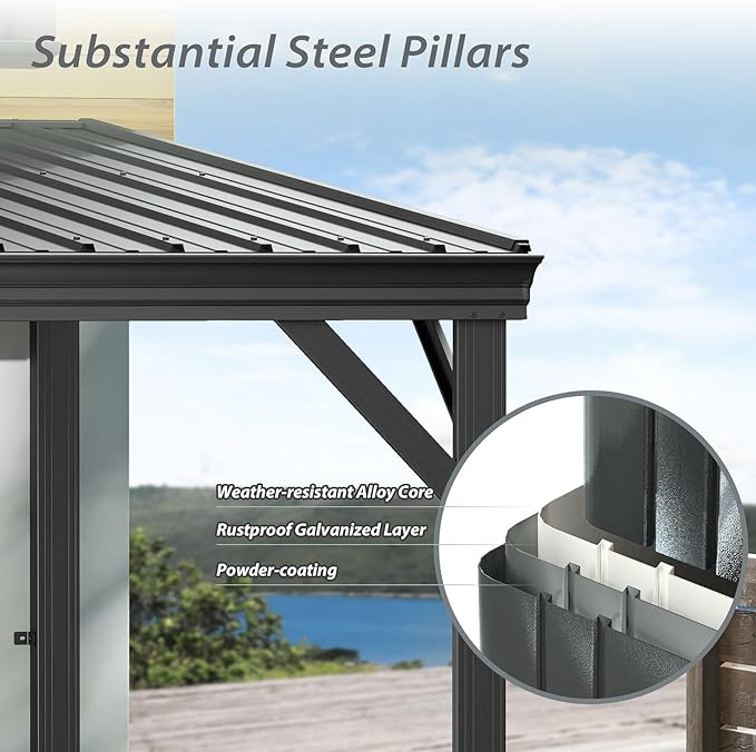 Domi 8'x8' Lean to Gazebo Hardtop, Expandable Wall Mounted Pergola with Gutters & Galvanized Steel Roof, 60MPH Wind Resistance, Outdoor Metal Heavy Duty Metal Awning for Patio, Deck, Backyard - Grey