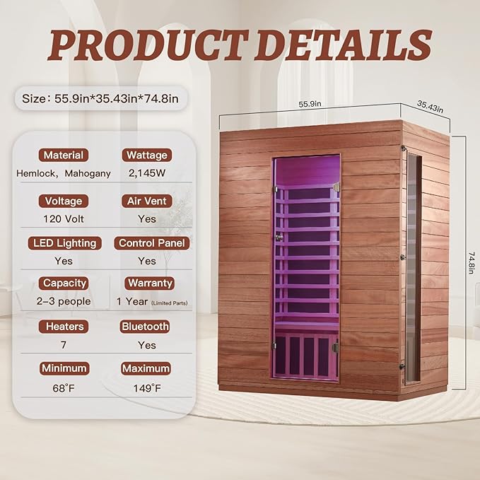 Infrared Home Sauna Room for 2-3 Person, Bluetooth Speaker, Qualified Wood Sauna, Mood Lights, Perfect for Home SPA, Easy Assembly