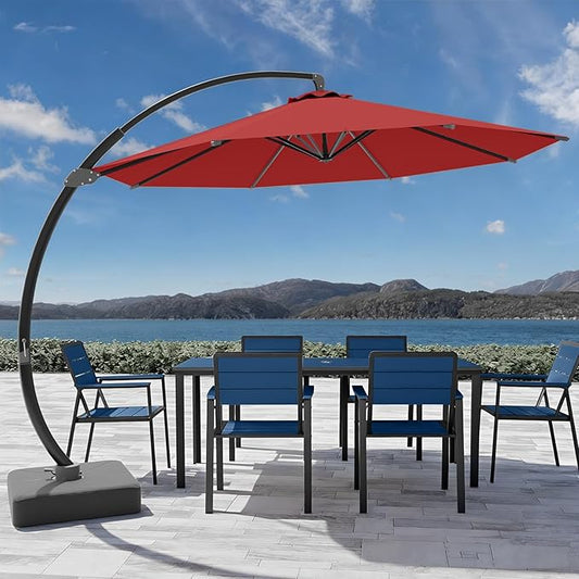 7-Piece Patio Dining Set with 11 FT Curvy Cantilever Umbrella, HDPE Tabletop & Aluminum Frame All-Weather Outdoor Furniture for Garden, Backyard, Poolside, Navy
