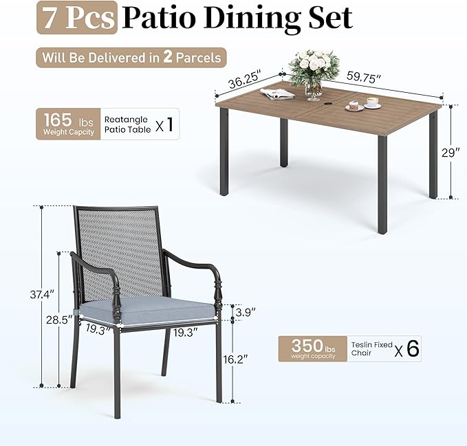 Patio Table and Chairs Set of 6, All-Weather Breathable Metal Mesh Patio Chair with Gourd-Shaped Armrests, 60x38 Wood-Like Table with Umbrella Hole, 7 Pcs Metal Frame Patio Dining Set