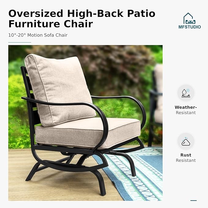 MFSTUDIO Metal Patio Conversation Sets, Outdoor Furniture Sofas Set of 2, 2 Pieces Durable Steel Frame Patio Rocking Chairs with 5.8" Beige Cushions for Patio Garden Backyard Balcony