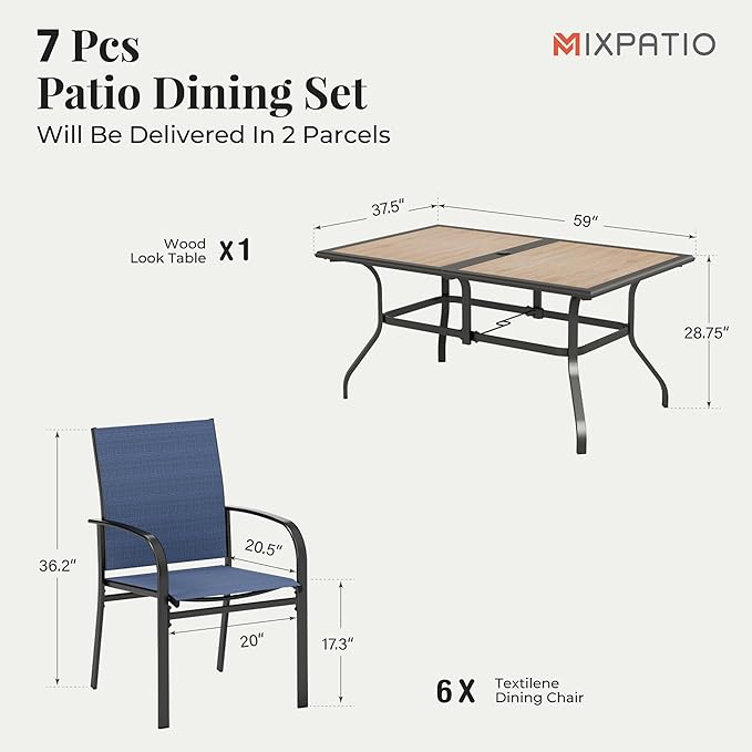 7 Pieces Patio Table and Chairs Set, Outdoor Dining Furniture Set for 6, 6 Blue Textilene Chairs and 61" Wood-Like Table Top with Umbrella Hole, for Deck Backyard Lawn