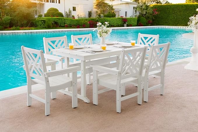 7 Piece HDPE Outdoor Dining Set for 6, Patio Dining Furniture Set with Umberlla Hole, Weather Resistent Outdoor Table and Chairs for Garden, Poolside, Backyard, Deck,White