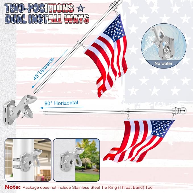 REERON Flag Pole for Outside House Porch Wall Mount, 7 FT No Tangle Stainless Steel Spinning Flagpole Kit with 1" 360° Metal Flag Pole Rings Clips & 2-Position Holder for 3x5' 4x6' American Flags