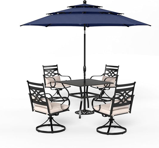 Sophia & William Swivel Patio Dining Set for 4 | 10ft Patio Umbrella Navy Blue | Removable Seat Cushions | Black 37" Patio Dining Table