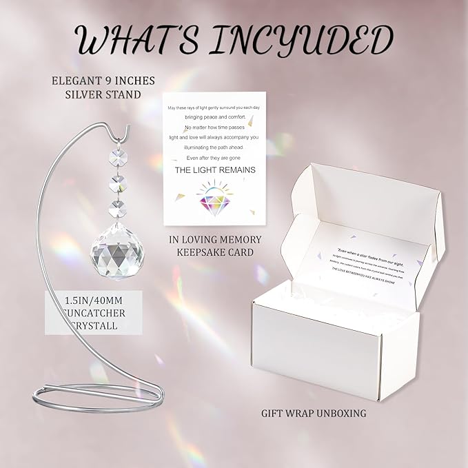9-Inch Memorial Gifts,40mm Clear Memorial Crystal,Bereavement Suncatcher,Memorial Gifts for Loss of Mom Dad Friend Son Daughter,Silver Stand and a Sympathy Card