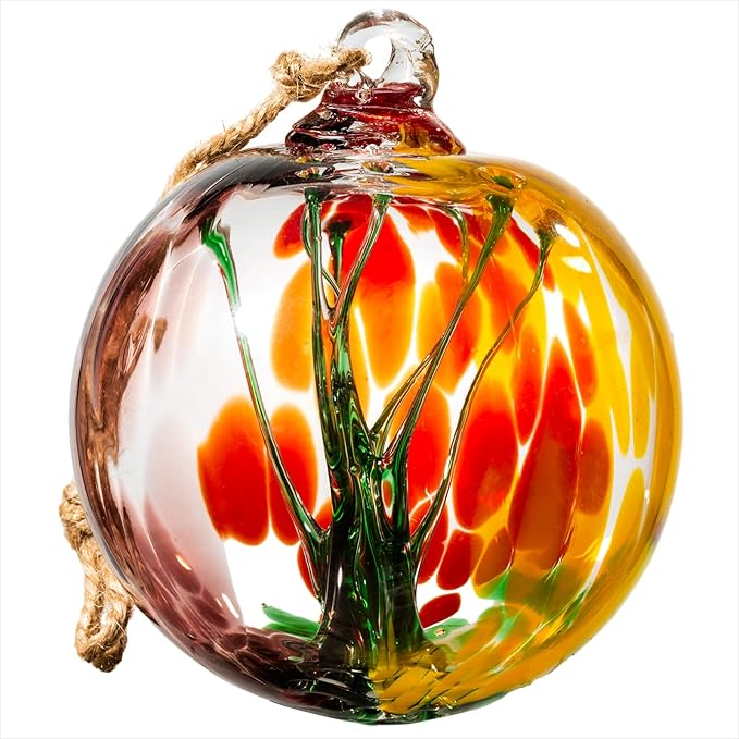 4” Tree of Life Witch Balls, Gazing Balls Hanging Friendship Balls, Hand-Blown Glass Christmas Ornament for Window Outdoor Home Decor, Garden Decoration, Gifts for Women (Yellow