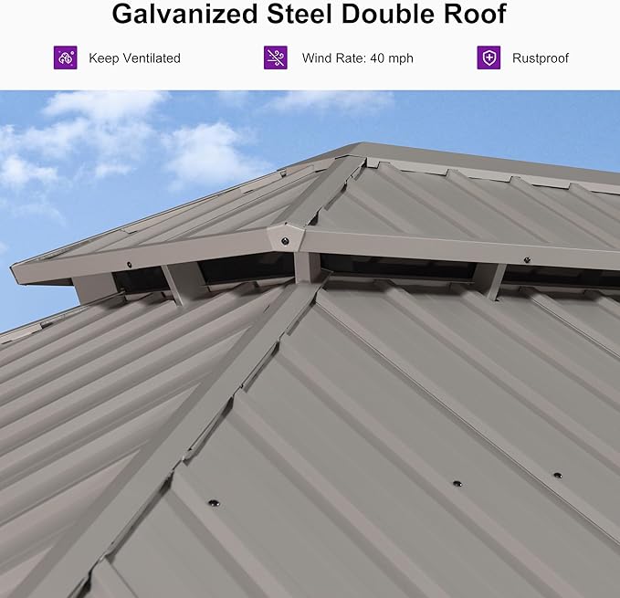 PURPLE LEAF 10' x 12' Outdoor Hardtop Gazebo, Champagne Aluminum Gazebo with Galvanized Steel Double Roof, Curtains and Netting for Patio Lawn and Garden