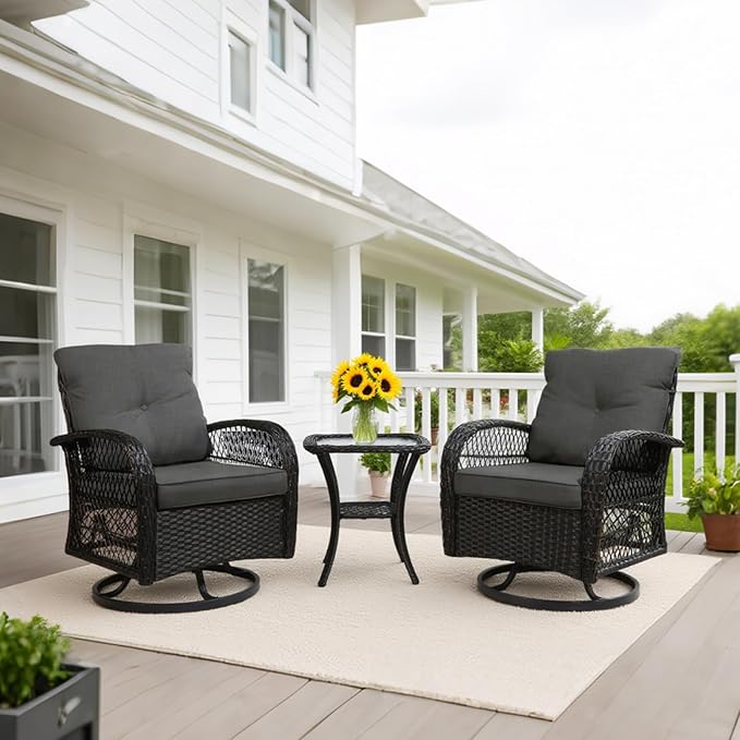 Patio Furniture Set Swivel Rocker, Outdoor Patio Chairs, 3 Piece Suit Porch Furniture Rocking Set, Backyard and Garden Rocker Rattan Chair, with Thickened Cushions and Glass Coffee Table(Grey)