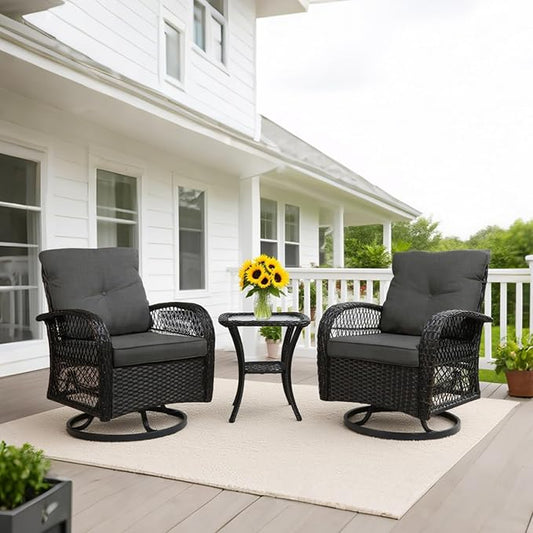 Patio Furniture Set Swivel Rocker, Outdoor Patio Chairs, 3 Piece Suit Porch Furniture Rocking Set, Backyard and Garden Rocker Rattan Chair, with Thickened Cushions and Glass Coffee Table(Grey)