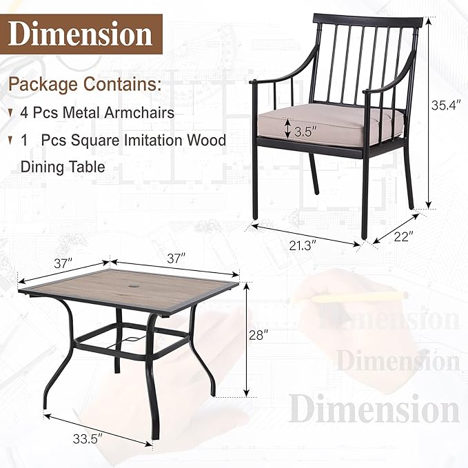 Sophia & William 5 Pieces Patio Dining Set with 4 Chairs and Square Table of Imitation Wood Top, Outdoor Conversation Furniture Set with Seat Cushion and 1.57" Umbrella Hole for Porch Backyard Balcony