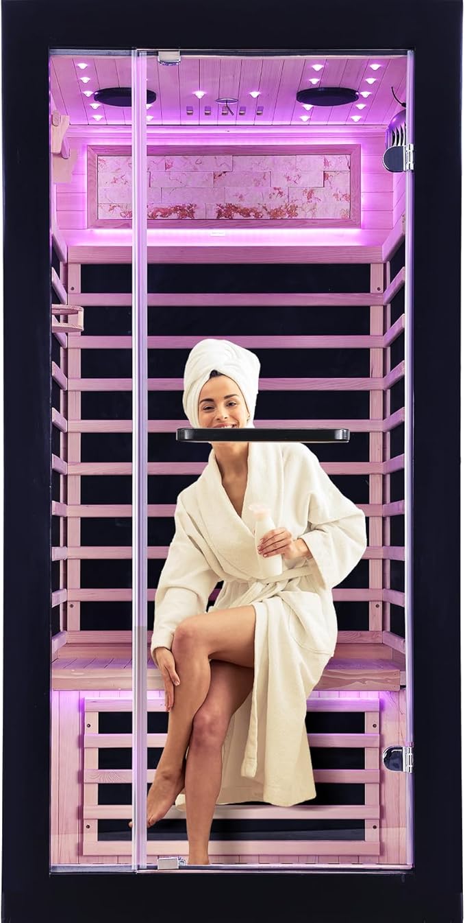 One Person Sauna Far Infrared Saunas Room Canadian Hemlock 1450W Dry Saunas Spa with 7 Starry Sky Light 33.5 * 33.5 * 70.8inch