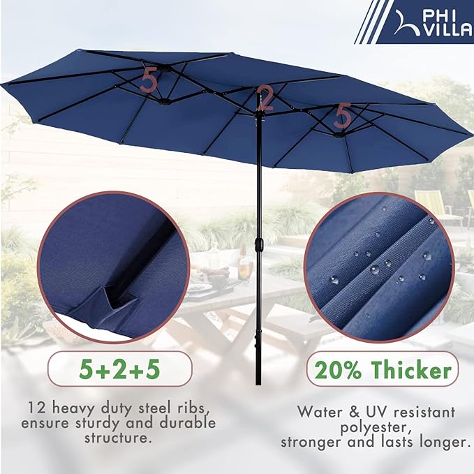 PHI VILLA 7 Pieces Outdoor Dining Set with Umbrella for 6, Rectangular Wood-Top Metal Table & Wicker Chairs with Cushions & 13ft Blue Umbrella, Modern Dining Furniture Set for Patio,Deck,Backyard