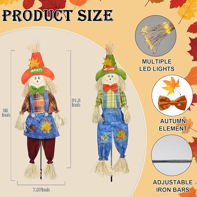 Fall Decorations Outdoor Scarecrow with Firework Lamp, Solar Powered Autumn Harvest Thanksgiving Halloween Decor for Yard,Garden,Porch, Farmhouse - 39 Inch