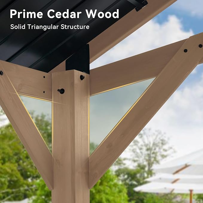 Aoxun 10' x 12' Outdoor Wood Gazebo, Hardtop Gazebo Permanent Wooden Pavilion with Galvanized Steel Gable Roof, for Patio, Garden, Backyard, Cedar Wood