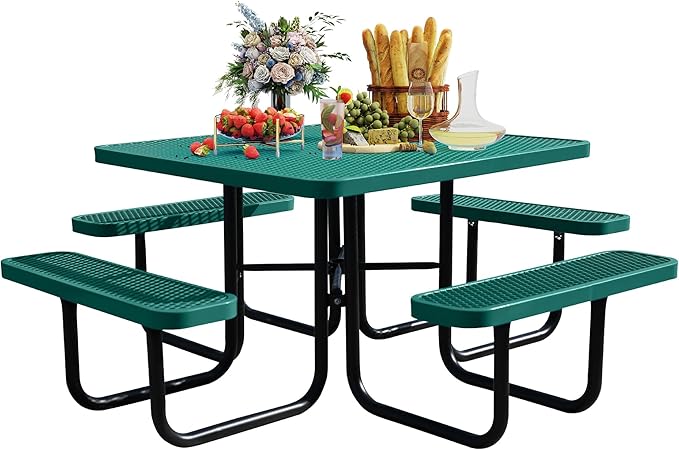 8-Person Picnic Tables for Outdoors, Industrial 46" Expanded Metal Square Picnic Table with 4 Benches & Umbrella Hole, Outside Table and Bench Set for Garden, Backyard, Porch, Patio, Green