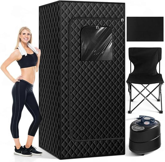 Portable Home Sauna Box for Relaxation & Detoxification with 1500W Steamer, Remote Control, Foldable Chair, Soothing Red Light, 3L Tank, Diatom Mat, 9 Levels, Foldable Design, 30.5 x 30.5 x 69.9 in