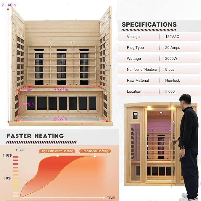 3 Person Infrared Sauna, Ceramic Infrared Sauna 3 Person, Far Infrared Saunas for Home, Low EMF Infrared Indoor Sauna, Hemlock Wooded Sauna Room, Bluetooth Speakers, Chromotherapy Lights