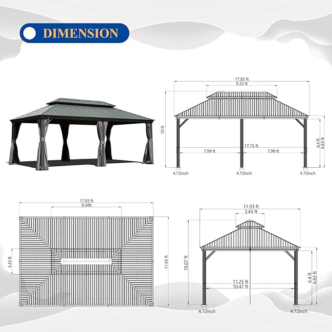 Domi 12' X 18' Hardtop Gazebo Outdoor Metal Gazebo with Galvanized Steel Double Roof Canopy, Aluminum Frame, Curtains and Netting for Patio, Deck, Garden, Grey
