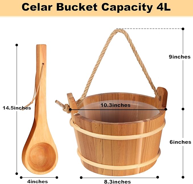 Sauna Bucket and Ladle Set,1Gallon(4 liters) Sauna Bucket and 14.5″Sauna Ladle,Sauna Accessories Handmade from Premium Cedar Wood(Cedar Wood 4L)