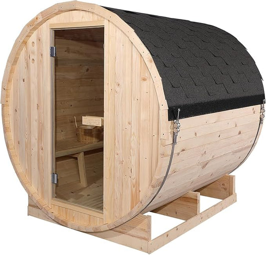 ZONEMEL Outdoor Barrel Steam Sauna, Wooden Sauna Room for 3-4 Person with 4.5KW ETL Certified TOULE Heater, Rocks, 8mm Tempered Glass, Waterproof System