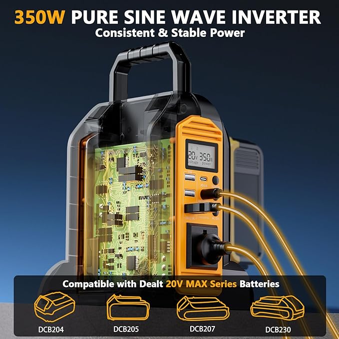 350W Power Inverter for Dewalt 20V 60V Battery, 2-Port Battery Converts 20V DC to 120V AC Inverter with LED Light, 3 USB-A, 1 USB-C, DC and AC Outlet, Portable Power Station for Outdoor Use(Tool Only)
