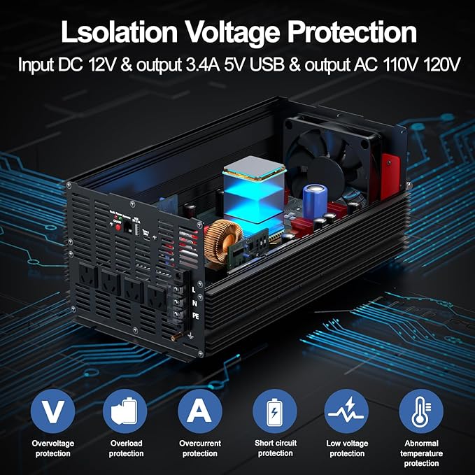 5600W Power Inverter,Peak Power 11200W 12V DC to AC 110120V,Remote Control with 4AC Outlets and3.1USB Port,LCDDisplay